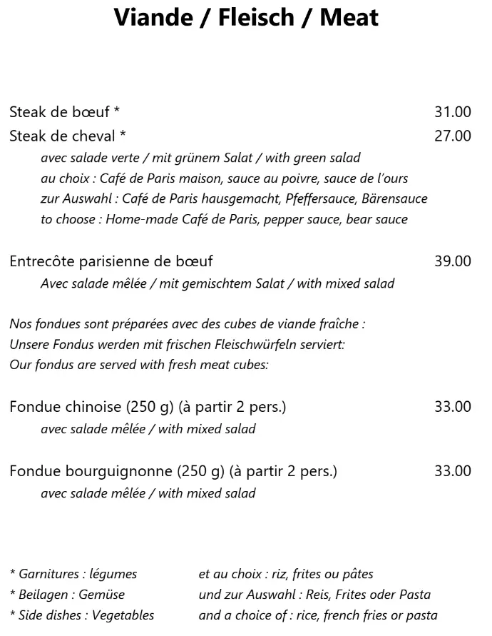 steak de boeuf, steak de cheval, entrecôte parisienne, Fondue chinoise, Fondue bourguignonne