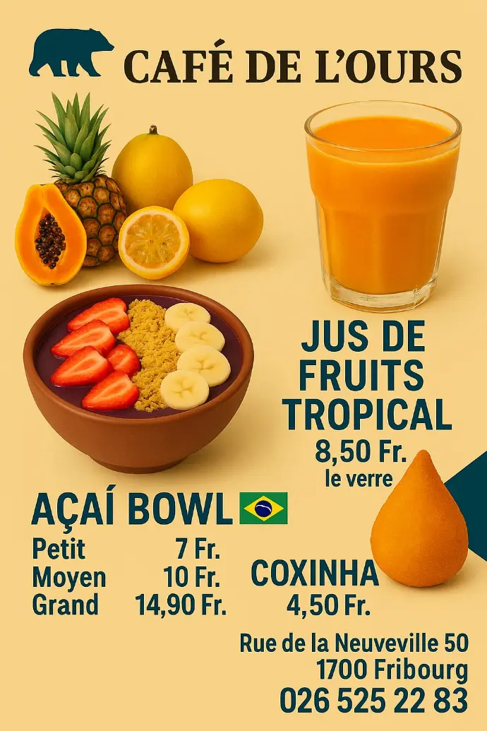 acai bowl, coxinha, jus de fruits tropical